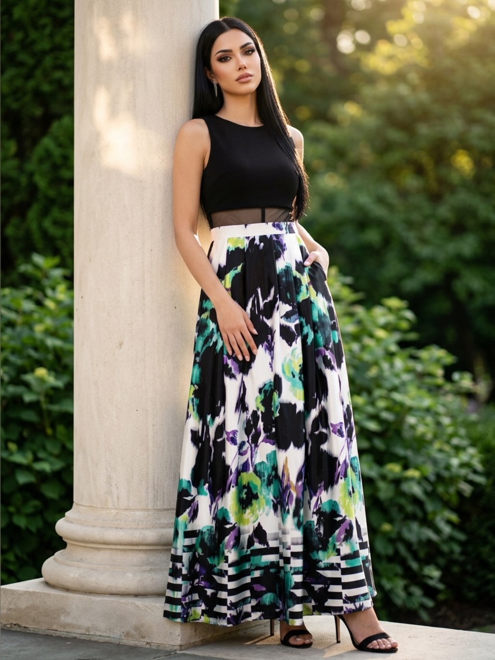 Betsy & Adam Black and Floral A-Line Illusion midline Gown hidden Pockets size 2